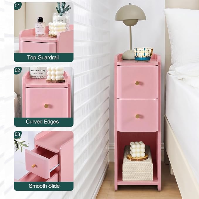 Narrow Nightstand Set of 2, Wooden Small 2 Drawer Nightstand, Slim Side End - Image 9