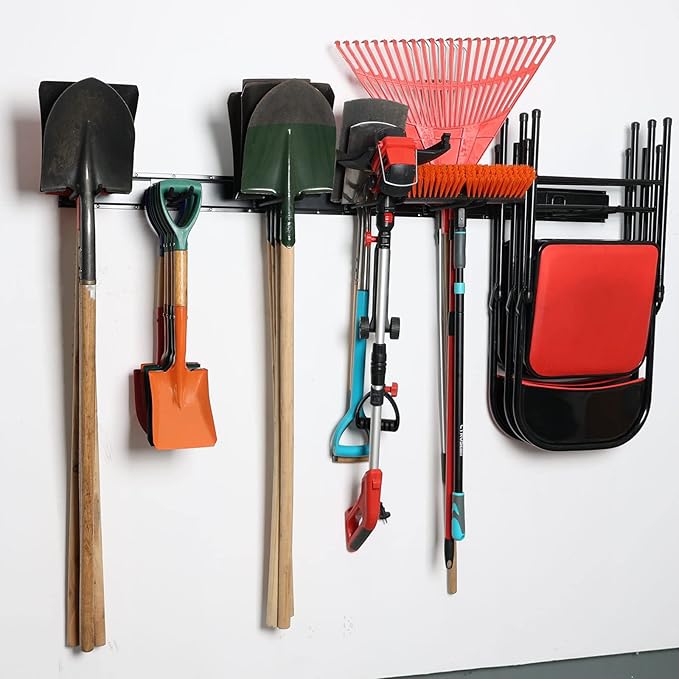 Wallmaster Garage Storage Organization Wall Mount, Garden Tool Rack Organizer Heavy Duty Folding Chair Hangers with 6 Adjustable Hooks 48inch Tracks Max Load 450lb