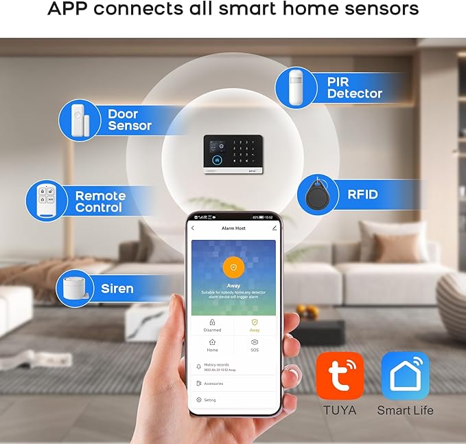 Wireless Home Security Aystem,24Pcs DIY Kit with Door/Window Sensors,Motion Sensors Detectors,SOS Button,Remote,APP Insta Alert Compatible with Alexa,for Smart Life or Tuya APP,NO Monthly Fees