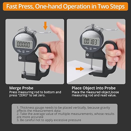 Neoteck Digital Thickness Gauge 1inch/25.4mm,0.00005inch/0.001mm LCD Display with Inch/MM Conversion One-Hand Quick Press Thickness Measuring Tool for Leather Paper Fabric Film etc.-Silver-Grey