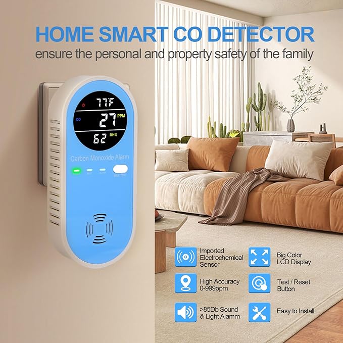 Vzmcov Plug-in Carbon Monoxide Detector with Real-Time CO Display & Temperature/Humidity Monitor, Plug-in CO Alarm for Home, RV, Apartment, Indoor Air Safety 2-Pack