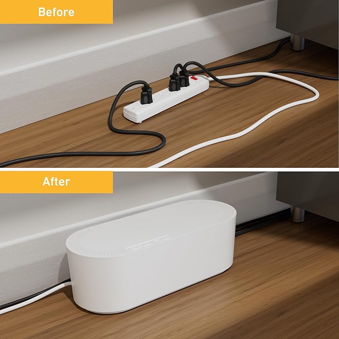 D-Line Cable Management Box, Power Strip Holder, Floor Outlet Hiders, Desk Cord Organizer, Cover TV Wires, Wire Storage – 16.5 in (Length) x 6.5in (Width) x 5.25in (Height) - Large, White