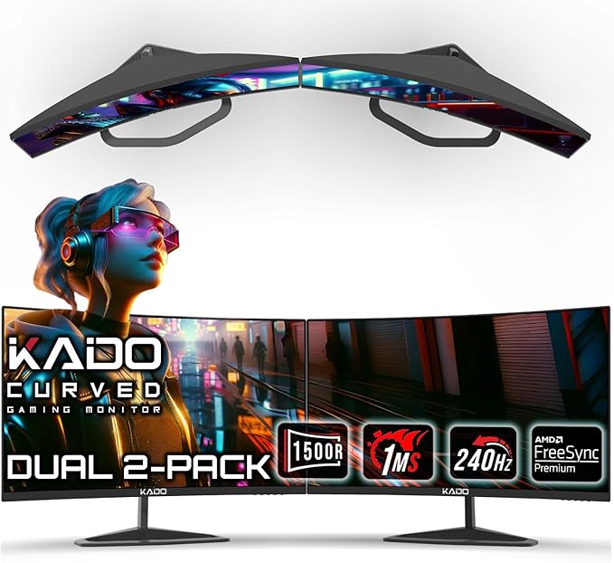 Kado 25" Class Dual Gaming Monitor Setup - 2-Pack 24.5" Curved 1500R 240Hz 1ms 1920x1080 Computer Monitor, Parallel Gaming AMD FreeSync Premium Panoramic, VESA Mount HDMI DisplayPort Built-in Speakers