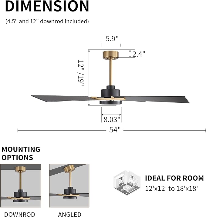 WINGBO 54 Inch Ceiling Fan with Light and Remote, 4 Plywood Blades, 6-Speed Reversible DC Motor, Dimmable, 3CCT, Farmhouse Ceiling Fan for Bedroom Living Room Kitchen, Brass and Black