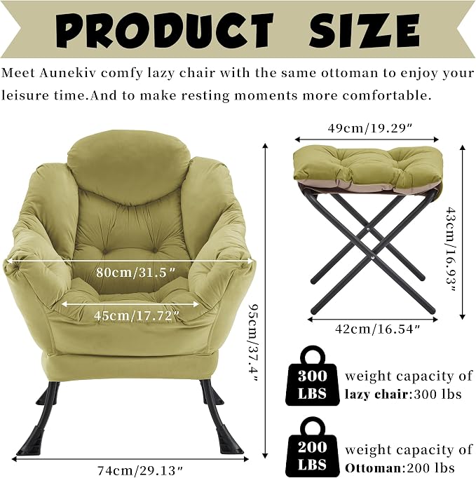 Lazy Chair with Ottoman, Comfy Reading Chair, Olive Green | Cushioned Seat with - Image 3