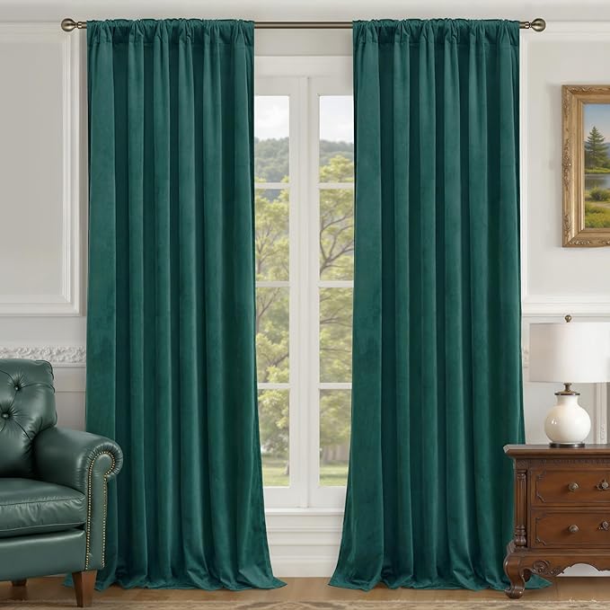 LAMIT Teal Velvet Curtains 90 Inch Length, Thermal Insulated Room Darkening Drapes for Living Room Luxury Privacy Protected Back Tab and Rod Pocket Panels for French Door, 2 Panels, 52 x 90 Inch