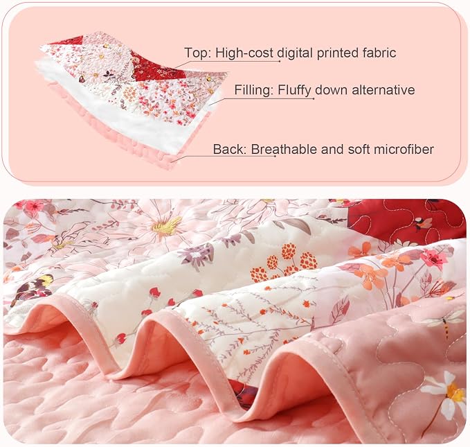 Whale Flotilla Patchwork Quilts Queen Size, Extra Soft Floral Bedspreads | Red - Image 4