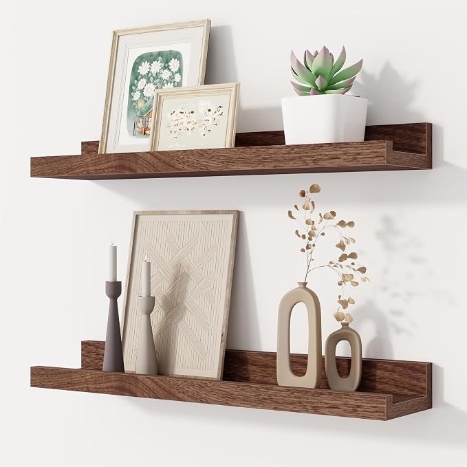 Floating Picture Ledge Shelves Set of 2, 16 Inch Solid Wood Wall Shelves by FunMemories