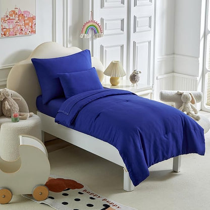 Toddler Bedding Set - 5 Piece Soft and Breathable Toddler Bed Set for Boys and Girls, Includes Quilted Comforter, Fitted Sheet, Flat Top Sheet, Standard Pillowcase and Toddler Pillowcase, Navy