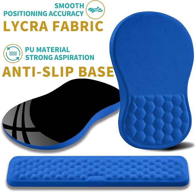 Hokafenle 2 in 1 Ergonomic Mouse Pad Wrist Support & Wrist Rest for Computer Keyboard Set, with Relieve Carpal Tunnel Pain Massage Bulge and Full Memory Gel Design (2In1 Set, Dg Blue)