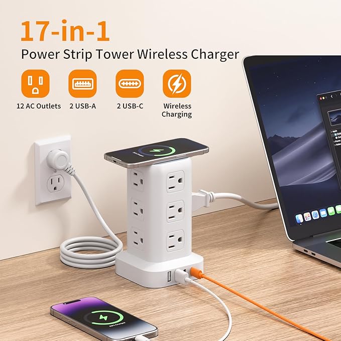 Extension Cord with Multiple Outlets, SMALLRT Power Strip Tower, Outlet - Image 2