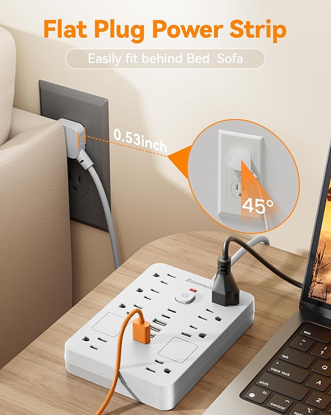 Bawmwim Surge Protector Power Strip - 8 Outlets(1850W/15A) with 6 USB Ports（2 USB C, 6FT Flat Plug Extension Cord, Wall Mount Multi Plug Outlet Extender, ETL Listed for Home, Dorm Room, White