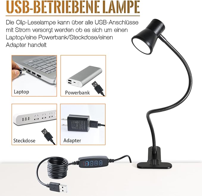 Clip Desk Lamp, USB Reading Light, Flexible Neck Led Clamp Light - Image 7