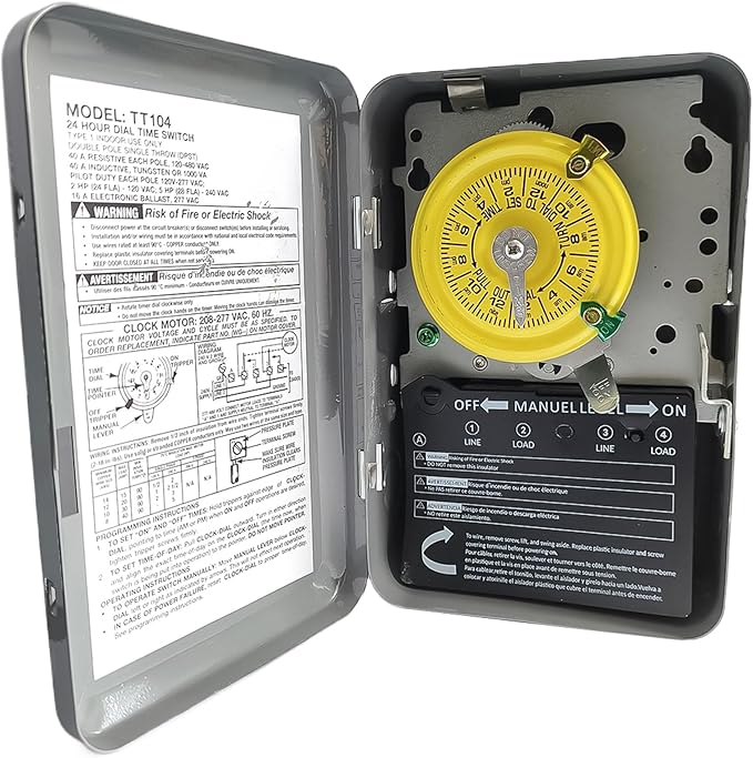 T104 24-Hour Mechanical Timer Switch - 208-277 VAC 5HP 40A DPST Heavy Duty, Indoor Metal Enclosure, Manual Override & Included Trippers, 12 ON/Off Cycles - for Pool, Pumps, HVAC Systems