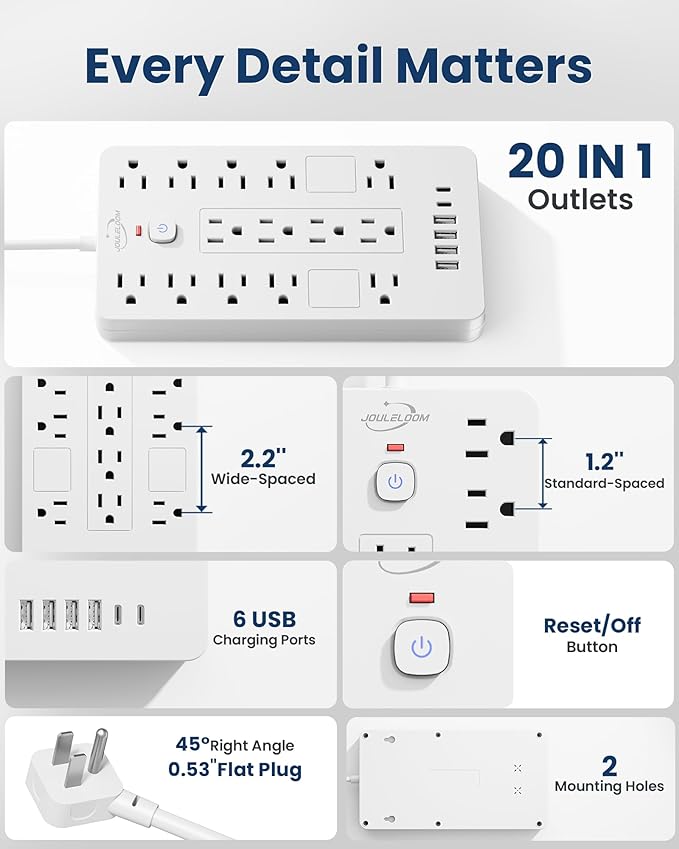 JouleLoom Surge Protector Power Strip-14 Outlets and 6 USB Ports, 6 Feet Flat Plug Extension Cord, 1850 Joules, White, ETL Listed for Home, Office, Dorm Room
