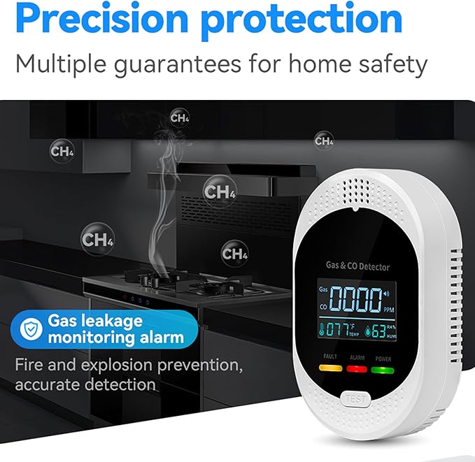 4-in-1 Carbon Monoxide & Natural Gas Detectors with Temperature/Humidity LCD Display, Plug in Co Leak Detector Propane Monitor for Home Travel RV Essentials, Sound Alarm Over 85dB, 1PCS