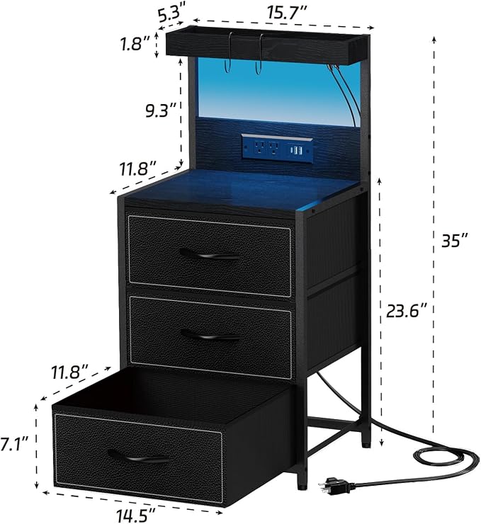 SZLHANJZ LED Nightstand with Charging Station, 3 Fabric Drawers Night Stand | - Image 3