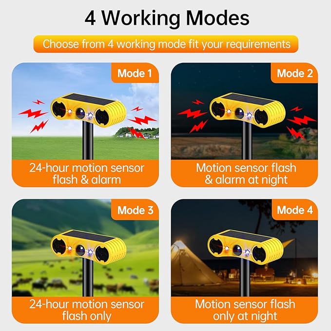 Solar Motion Sensor Alarm Outdoor,Motion Sensor Alarm,13 Sound,Dog Barking&Gunshot,2x130db Loud Noise Maker,4 Modes,Red&Blue Motion Activated Strobe Light,Say Goodbye to The Intruders,for Garden,Yard