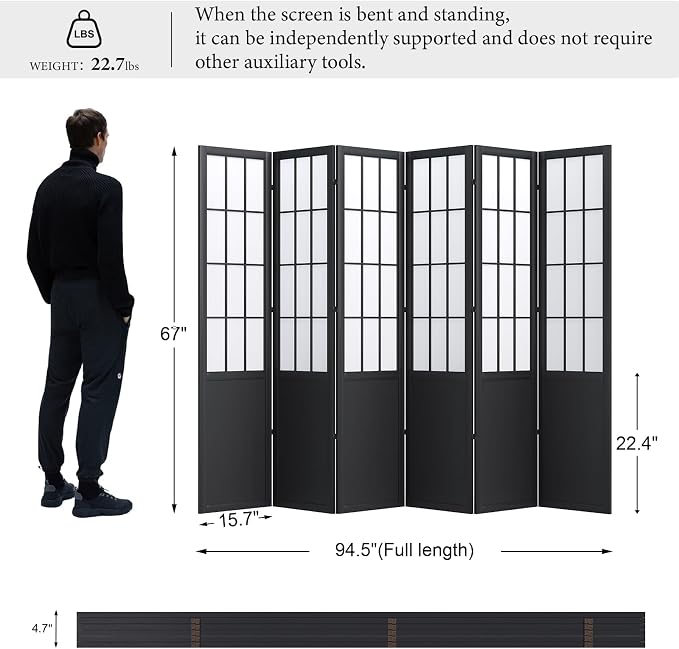 Room Divider, 66.9Inch Tall Japanese Shoji Style Folding Wood Screen - Image 7