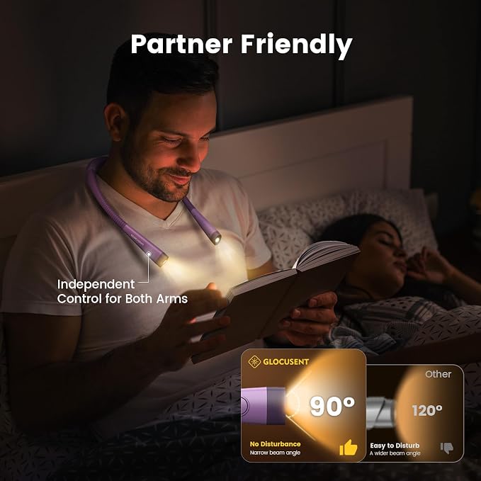 Glocusent Reading Light, LED Neck Light, 80-hr Rechargeable Book Light | - Image 6