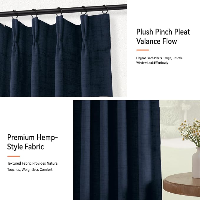 Pinch Pleated Full Blackout Faux Linen Curtains 96 Inches Long | Midnight Blue - Image 6