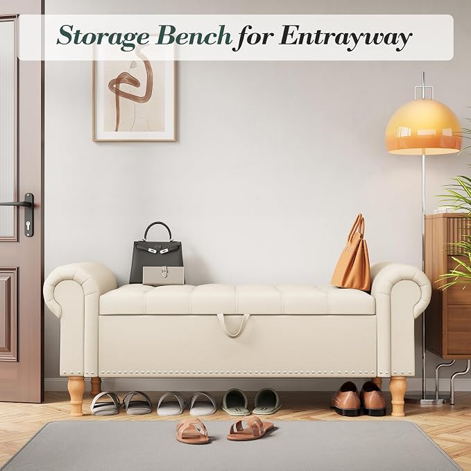 Apicizon 51” Bench with Storage, Faux Leather Ottoman Bench with Rolled Arm & - Image 8
