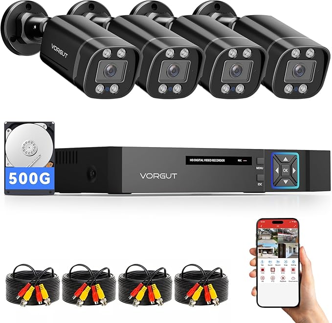 VORGUT Wired Security Camera System Outdoor, 4pcs Surveillance CCTV Bullet Cameras for Home Security, 4CH AHD TVI 5MP Lite DVR Recorder with 500G HDD, Motion Detection, Night Vision, Waterproof