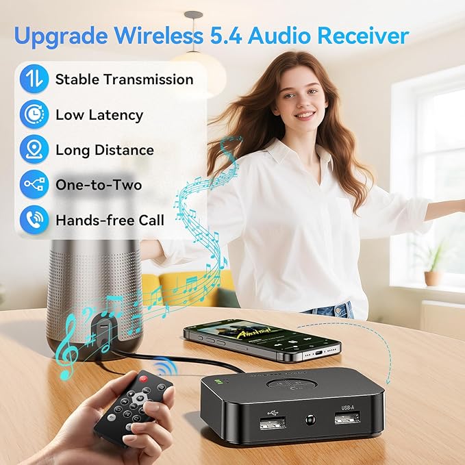 MOREGAX M2R Bluetooth 5.4 Receiver for RCA Adapter for Stereo/Speaker/Wired Speaker/Home Audio Music Streaming Stereo System, Support AUX/RCA/USB