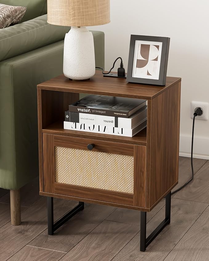 Masupu Rattan Nightstand with Charging Station, Modern Boho Farmhouse Wood - Image 3