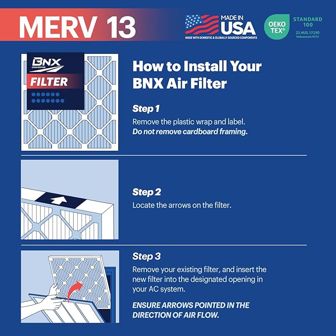 BNX TruFilter 16x25x2 Air Filter MERV 13 (4-Pack) - MADE IN USA - Electrostatic Pleated Air Conditioner HVAC AC Furnace Filters for Allergies, Pollen, Mold, Bacteria, Smoke, Allergen, MPR 1900 FPR 10