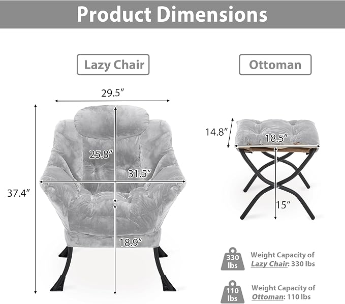 Youtanic Lazy Chair with Folding Ottoman, Accent Chair Plush Upholstered with - Image 3