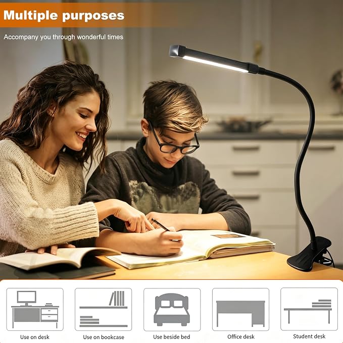 24 LED Clip Light 3 Color Dimmable Clip Desk Lamp Black | Metal Gooseneck | - Image 9