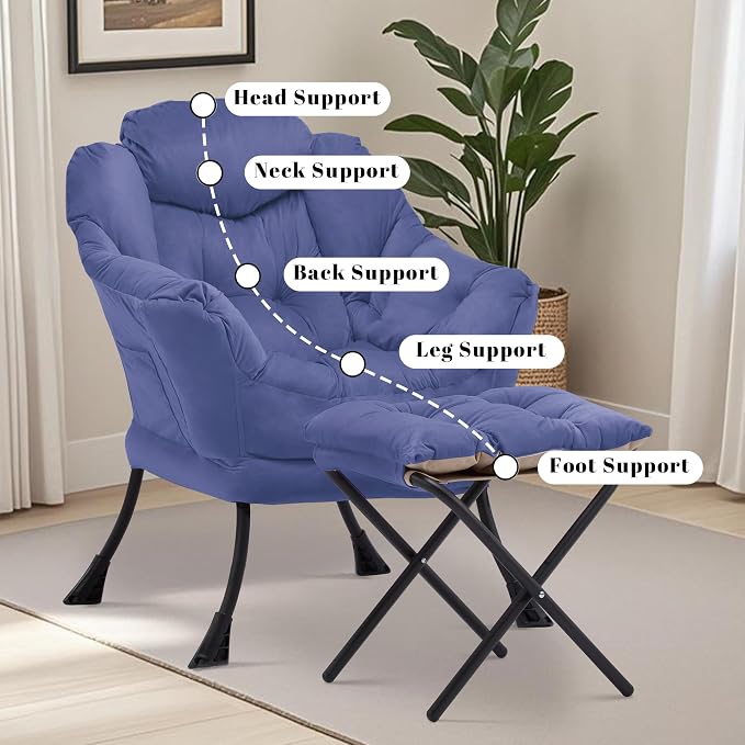 Lazy Chair with Ottoman, Comfy Reading Chair, Dark Blue | Cushioned Seat with - Image 8