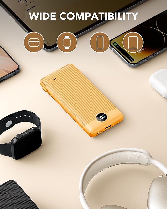 VRURC Portable Charger Built-in Cables and AC Wall Plug, USB C Power Bank 10000mAh, Travel Battery Phone Charger Compact Lightweight External Battery Pack for Smart Phones, Tablets etc-Orange