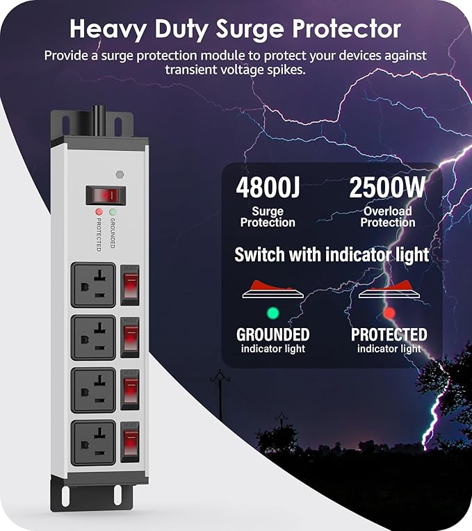 CCCEI Heavy Duty Surge Protector Power Strip 20 Amp Individual Switches. 15FT 12 Gauge Extension Cord with Multiple Outlets. Kitchen, Garage, Shop, Industrial Wall Mount Electric Extender, Grey.