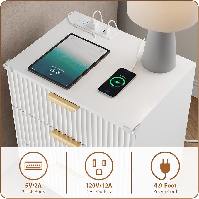 Wood Bedside Table w/Charging Station, 3 Drawers Fluted Dresser | White - Image 6