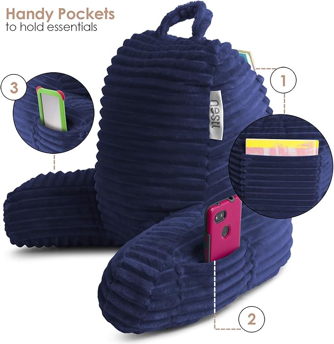 Nestl Reading Pillow for Kids & Teens with Shredded Memory Foam, Luxe Cut Plush Backrest Pillows for Reading and Gaming, for use on Couch, Bed, Floor, Adjustable Support with Washable Cover Navy Blue