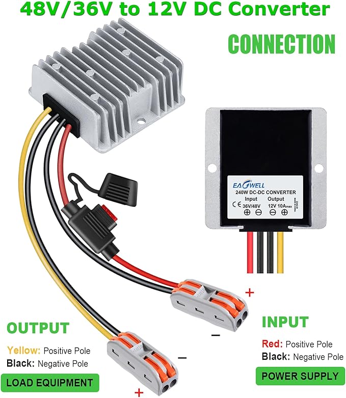EAGWELL 48V to 12V Converter 10A 120W Golf Cart 48V 36V to 12V Converter Voltage Regulator Reducer Transformer with Fuse Power Supply for Golf Carts Scooters RVs Boats