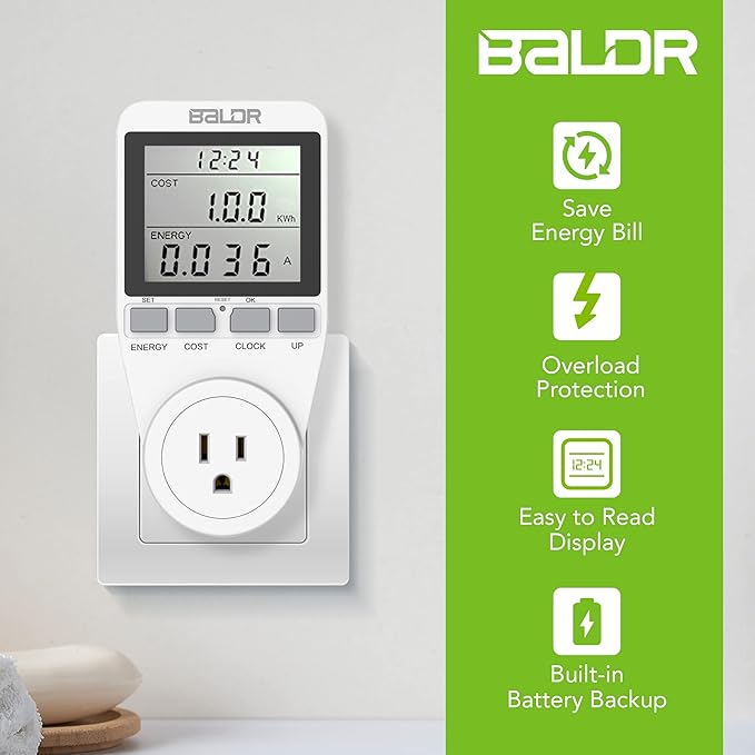 BALDR U.S. Electricity Usage Monitor for Home - Kilowatt Meter Sockets - Wattage Meter Plug In Appliances to Measure Energy Usage - Home Energy Monitor with Easy to Read Display - Home Power Monitor