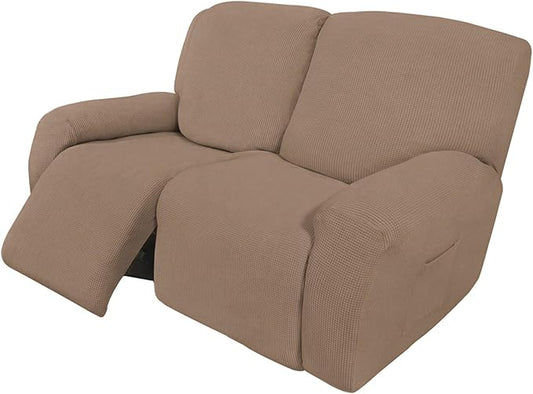 Easy-Going 6 Pieces Recliner Loveseat Stretch Sofa Slipcover Sofa Cover Furniture Protector Couch Soft with Elastic Bottom Kids, Spandex Jacquard Fabric Small Checks Camel