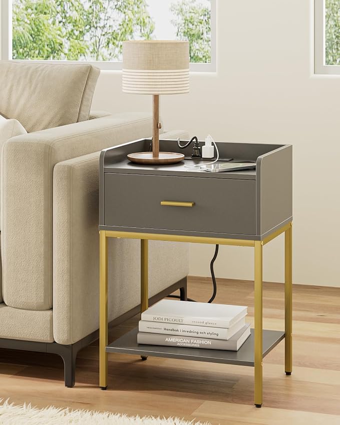 Nightstand with Charging Station, 3-Tier Bedside Table by Apetaccat
