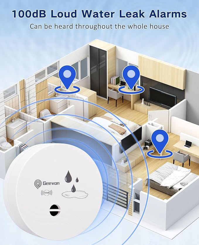 Geevon 6 Pack Water Leak Detectors, 100dB Water Sensor Alarms Flood Detector for Basements, Bathrooms, Laundry Rooms, Kitchens, Garages, and Attics, Water Alarms Battery-Operated (Battery Included)