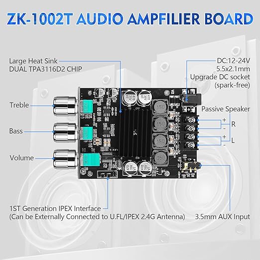 ZK 1002T Bluetooth 5.0 Amplifier Board, 2x100 Watt amp with TPA3116D2 Chip, Stereo Amplifier 2.0 Channel with Treble and Bass Control BT and AUX Inputs for DIY Speaker Kit