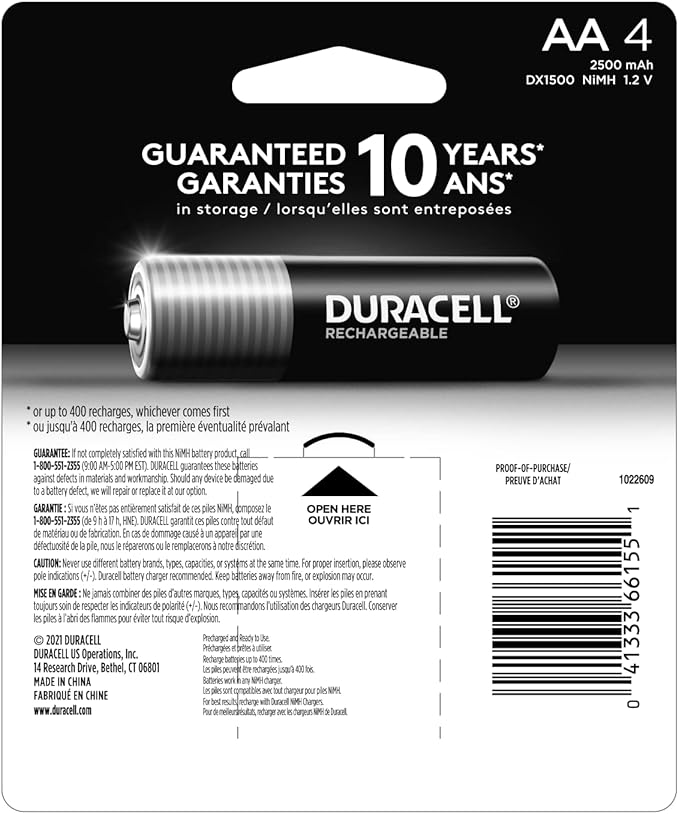 Duracell Rechargeable AA Batteries 4 Count, Long-lasting Power, All-Purpose Pre-Charged NiMH Double A Battery for Household and Gaming Devices