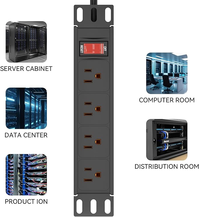 10" Rack PDU- 1U (4Outlets) 10-inch Mini Rack Power Distribution Unit with Protection (125V/15A 6ft Cable), Network Cabinet Rack Mount Power Strip (Wall, Desktop, or Server Rack Mountable)