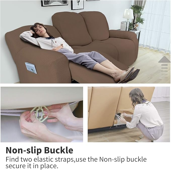 Easy-Going 8 Pieces Recliner Sofa Stretch Sofa Slipcover Sofa Cover Furniture Protector Couch Soft with Elastic Bottom Kids, Spandex Jacquard Fabric Small Checks Brown