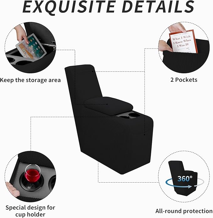 Easy-Going 2-Piece Recliner Console Cover for Reclining Loveseat Covers Stretch Jacquard Middle Console Cover for Recliner Couch and Sofa Black