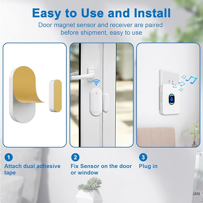 Daytech Wireless Door Chime Alarm System - 800ft Long Range, 20 Melodies, 5 Volume Levels, 3 Sensors + 1 Receiver for Business, Home & Office Entry Alerts