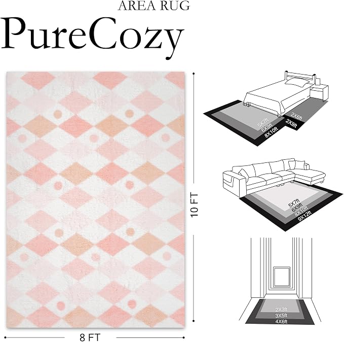 Pink 8x10 Area Rug for Living Room Soft Checkered Shag Carpet | Machine Washable - Image 2