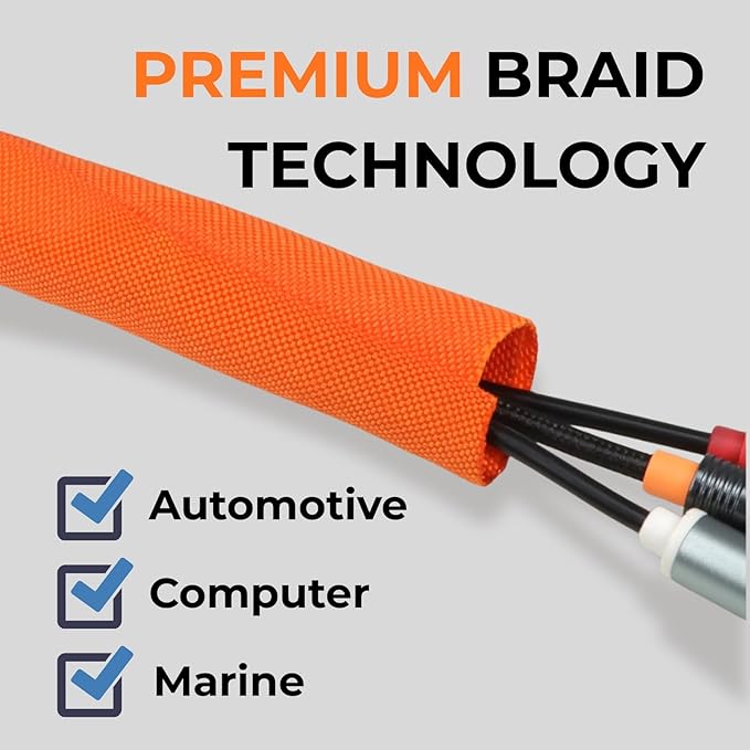 Holed 1/2 inch Split Braided Cable Management Sleeve for USB Cable Power Cord Audio Video Cable, High-Temperature Automotive Harness Wire Loom Cord Protector from Cat Dog Chewing (Orange, 10FT)
